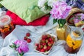 Picnic in the outdoor with strawberry and cold beverages Royalty Free Stock Photo