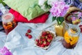 Picnic in the outdoor with strawberry and cold beverages Royalty Free Stock Photo