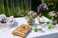 Picnic In The Park. Blue Lupine Flowers, Candles And Letters, Beautiful Decor. Gingerbread Bake