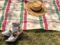Picnic in the park with mountains landscape. Straw hat, open book, glass with fruits. Copy space