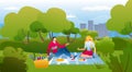 Picnic in park, vector illustration, happy young couple man woman character eat food at summer nature, outdoor leisure Royalty Free Stock Photo