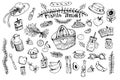 Picnic party doodle set. Various meals, drinks, ingredients and decoration elements. line illustration isolated over white