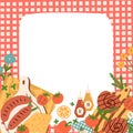 Picnic party poster. Summer picnic party frame with picnic basket, red blanket, picnic food, pizza, ketchup, sausages