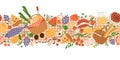 Picnic party seamless border. Summer picnic season food. Cute picnic food seamless background with baskets, roasted