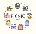 Picnic Party Sign Round Design Template Thin Line Icon Banner. Vector