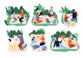 Picnic people. Outdoor family happy group together eating dinner in green summer park vector picnic characters