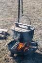 Picnic place with a campfire, firewood and boiler with lid in sunny spring day