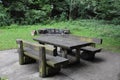 Picnic place in forest benches and table of wood in the woods