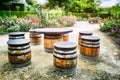 Picnic place with old wooden barrels