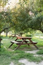 Picnic place in Orchard at backyard. Wooden picnic table with benches on beautiful grass lawn in quiet place. Bench. Beautiful pic