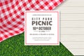 Picnic poster or banner design template. Vector background with realistic red gingham tablecloth, wooden table and grass Royalty Free Stock Photo