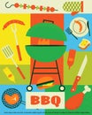 Picnic poster. Cartoon summer weekend background with kicked basket. Barbecue food and drinks. Restaurant grill menu. BBQ flyer