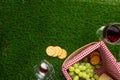 Picnic and relaxation, picnic basket, glass with red wine and grapes and snacks. Top view on the grass with space for advertising Royalty Free Stock Photo