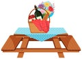 Picnic scene with food on the table on white background