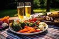 picnic scene with pilsner beer and array of grilled veggies Royalty Free Stock Photo