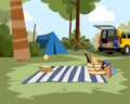 Picnic scene with tent, car and nature background