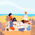 Picnic seaside. Family relax at summer beach outdoor people beverage dinner funny adults picnic vector flat characters