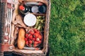 Picnic set with fruit, cheese, honey, strawberries, grapes, baguette, wine, wicker basket for picnic on plaid over green Royalty Free Stock Photo