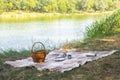 Picnic set, metal Cutlery, thermos, plates tea cups. brown plaid and napkin from the lake in the background. green grass. Sunny su