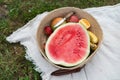 Picnic set in nature with basket. Watermelon, mango, orange, banana