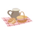 Picnic set straw baskets, bread a jug of milk. Isolated on white background. Royalty Free Stock Photo