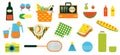 Picnic set. Wicker straw basket with fruits and drinks. Family weekend and summer party collection. Blanket and