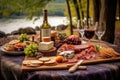 picnic setting with charcuterie board and wine