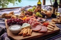 picnic setting with charcuterie board and wine