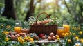 A picnic setting with fresh juice and a basket with eggs in the spring garden. An Easter breakfast picnic concept Royalty Free Stock Photo