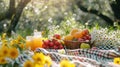 picnic setting on a green lawn with spring flowers. Colorful fruit basket on a checkered blanket