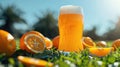 A picnic setting with an orange beer in a clear glass, surrounded by whole and halved oranges, with a green grass