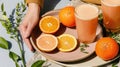 A picnic setting with an orange beer in a clear glass, surrounded by whole and halved oranges, with a green grass