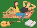 Picnic setting with red wine glasses guitar barbecue resting couple vector character illustration Royalty Free Stock Photo
