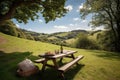 picnic setting with stunning view of rolling hills, babbling brook and warm sunshine