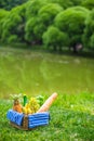 Picnic setting with white wine, pears, fruits, Royalty Free Stock Photo