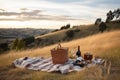 picnic setup with basket, blanket, and bottle of wine on grassy hilltop