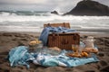 picnic setup on beach - picnic basket, cooler, and blanket among the crashing waves and seagulls