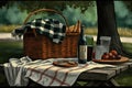 picnic setup featuring basket, blanket, and bottle of wine on park bench