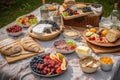 picnic setup with heaping plates of sandwiches, fruits, and cheeses