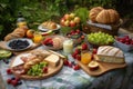 picnic setup with heaping plates of sandwiches, fruits, and cheeses