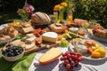 picnic setup with heaping plates of sandwiches, fruits, and cheeses