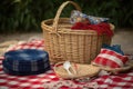 picnic setup with red, white, and blue checkered blanket and basket Royalty Free Stock Photo