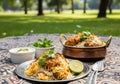 Picnic spread featuring chicken biryani and side dishes in a park Royalty Free Stock Photo