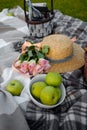 Picnic. Straw hat , apple and flowers on the lawn