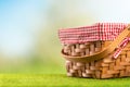 Picnic and summer mood. Basket for picnic, on green grass, lawn. Against the background of the landscape. Concept of weekend and Royalty Free Stock Photo