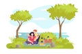 Picnic at summer nature, man woman in love vector illustration. Couple at park together, happy people character at