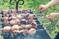 Picnic in the summer. Preparation of a shish kebab on opened the uyena and coals outdoors