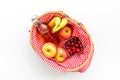 Picnic in summer with products, apples, banana, cherry, drinks on white background top view