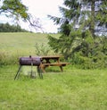 Picnic table and BBQ pit at a forest campsite in Oregon Royalty Free Stock Photo