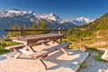 Picnic table and benches in mountains Royalty Free Stock Photo